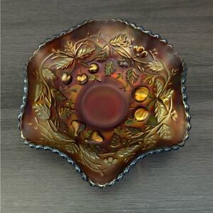 Antique Northwood Three Fruit Amethyst Sawtooth Ruffle Edge Carnival Glass Bowl